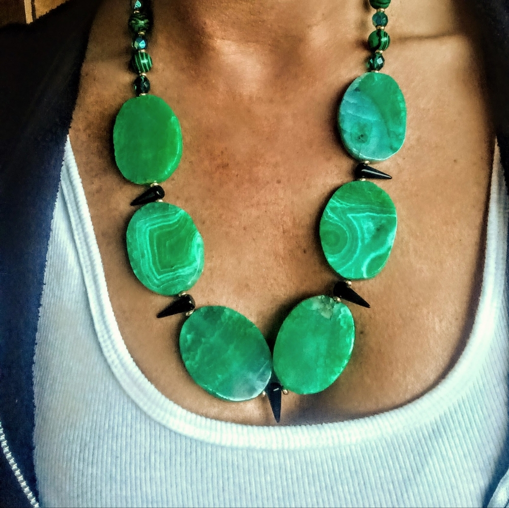 Green Agate semi-precious malachite statement necklace,Black Spikes,&Earring Set